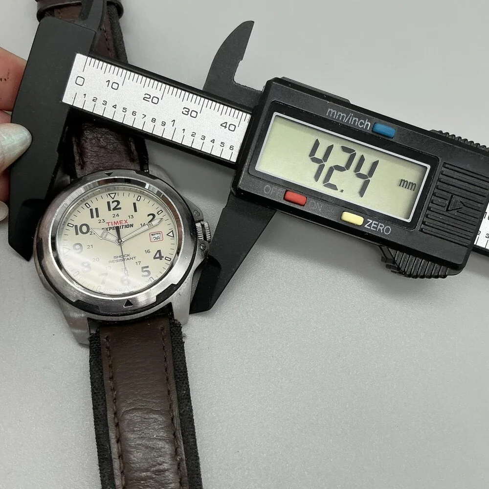 Timex Expedition Indiglo Mens Watch 42mm Cream Dial Brown Leather Date New Batt